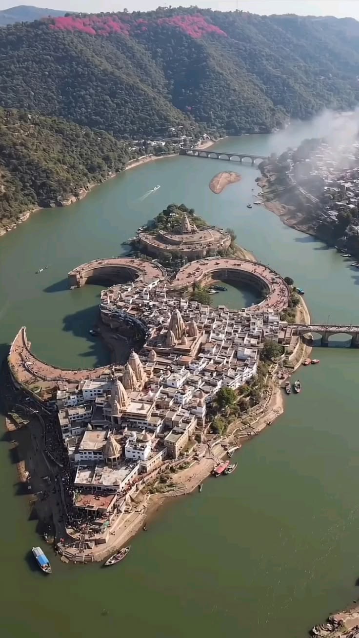 Aerial view of Omkareshwar island and the Narmada River